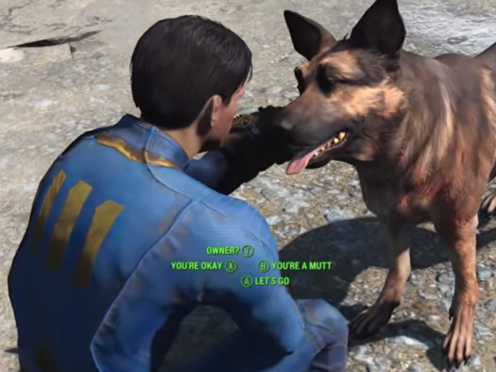 After a quick conversation with Codworth, the next step for your vault dweller is an encounter with a wandering pooch. This German Shepherd is looking for companionship, and you