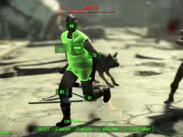 After getting together with the adorable dog, the next part of the trailer focuses on combat. Starting with "Fallout 3," the franchise features both first- and third-person camera views during gun fights. That game also introduced a system called "V.A.T.S." (pronounced "vats") – the "Vault-Tec Assisted Targeting System" – that enables the player to freeze time and target specific parts of an enemies body. If that sounds weird, it