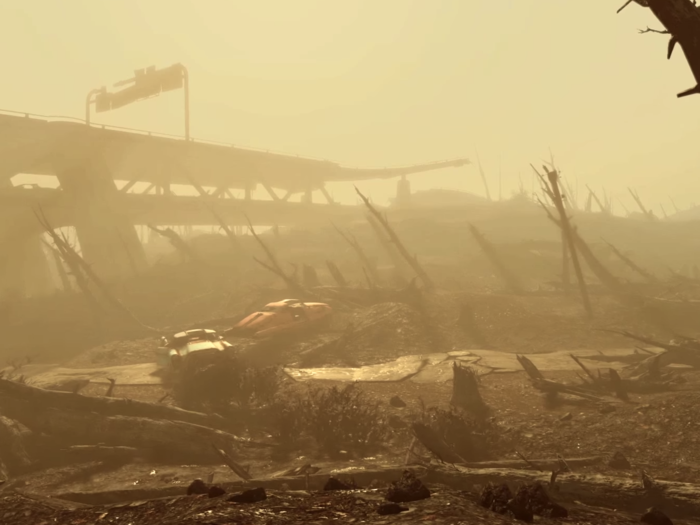 One more shot of "The Wasteland" gives us a final glimpse of the yellowed sky and bent, stripped trees that were the result of nuclear war. "Fallout 4" players will spend many hours wandering this world between stops at the world