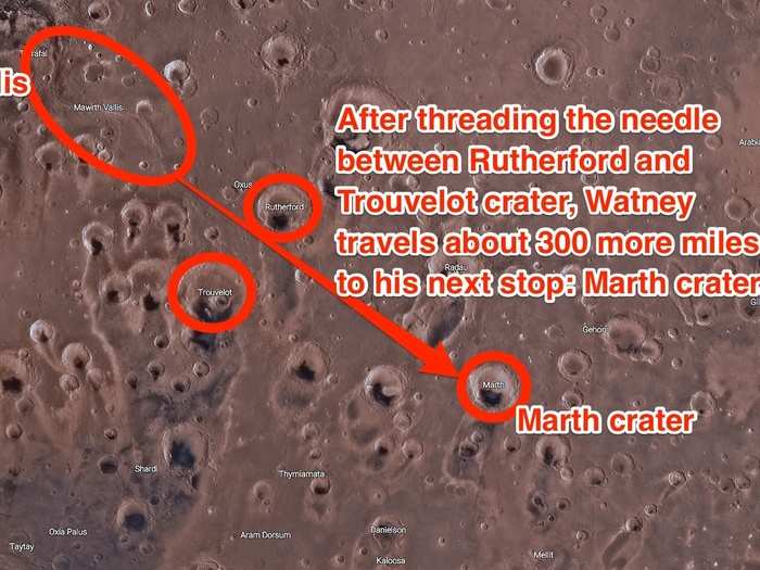 After traversing Mawrth Vallis, Watney comes upon Marth crater. Marth is one of many surrounding impact craters scarring the Martian surface. It