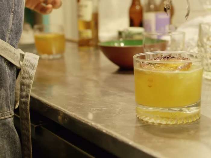 Just like in a restaurant, you can enjoy a signature cocktail before your meal. This Casa Felix drink is the chef