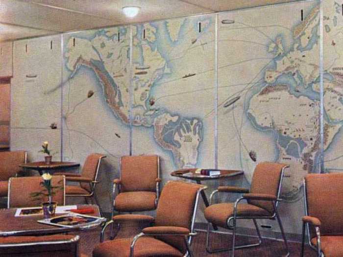 The wall of the lounge was covered with a large mural depicting the routes taken by famous explorers, ocean liners, and other Zeppelins.