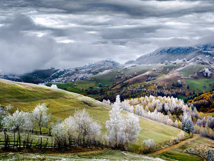 Romania, Land of Fairy Tales: "White frost over Pestera village."