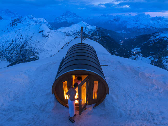 Sauna in the Sky "A sauna at 2,800 meters high in the heart of Dolomites. Monte Lagazuoi, Cortina, eastern Italian Alps."