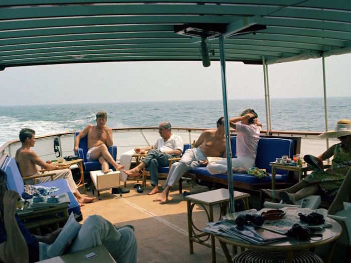 The yacht also played host to foreign dignitaries. In this picture, Kennedy is entertaining Prince Stanislaus Radziwill of Poland and then-Ambassador of Great Britain, Sir David Ormsby-Gore, as well as several family members.