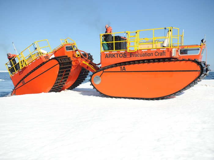 The Coast Guard constantly looks to improve its capabilities. Here, Arktos Developments displays their amphibious Arctic craft, with heavy tank-style treads that can move through snow.