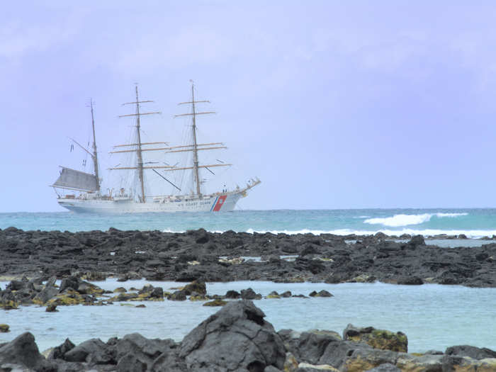 Coast Guard ships can travel pretty far south as well: Here, the USGC Cutter Eagle anchors off the coast of the Galapagos Islands off the coast of South America.