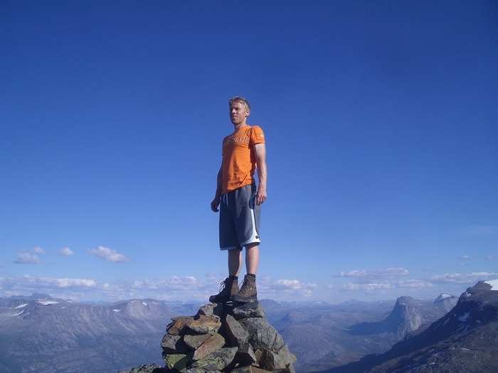 Here Garfors stands 1,335 meters up, on the peak of Mount Klubbviktind, which is near the Skjomen fjord in Norway. Garfors built his own log cabin in the area that he now visits every summer. The cabin has no road access though, and can only be reached by boat.