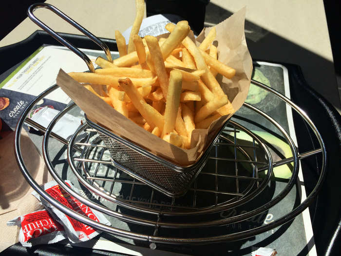 Presentation is key here: the meal comes in wire bowls, with french fries nestled in a little mesh handled basket. I