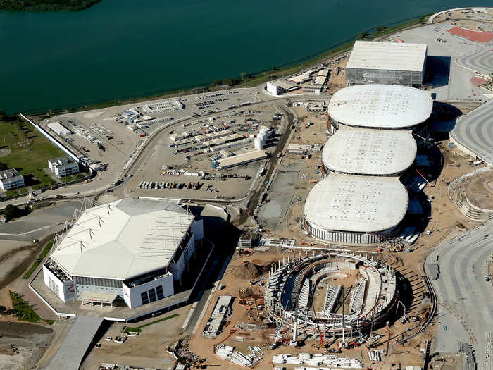 The three stacked "Carioca" venues in the Olympic Park are close to completion.