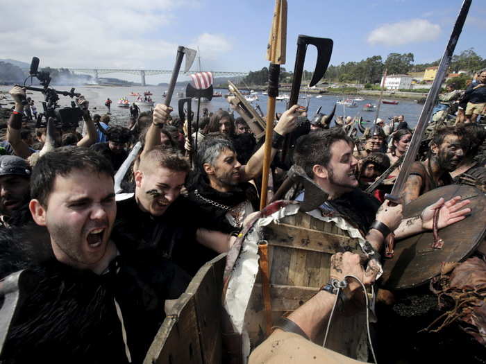 The sides clash during the mock battle.