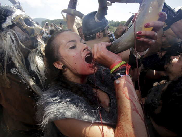 The wine, and not blood, flows freely during this mock battle.