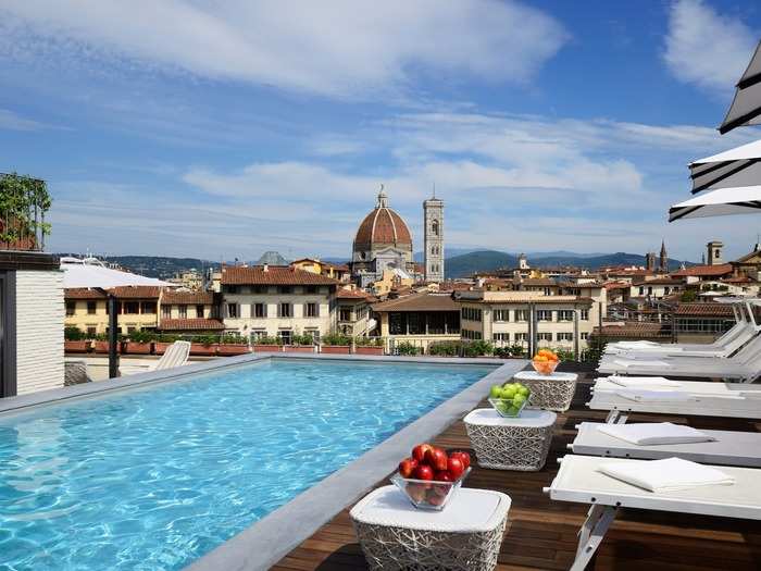 The rooftop pool at the Grand Hotel Minerva in Florence, Italy, makes for ideal views of the beautiful red rooftops that the city is known for.