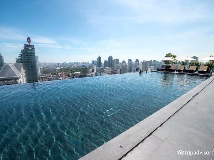 The 82-foot-long rooftop pool at the Okura Prestige Hotel in Bangkok, Thailand, dominates the hotel