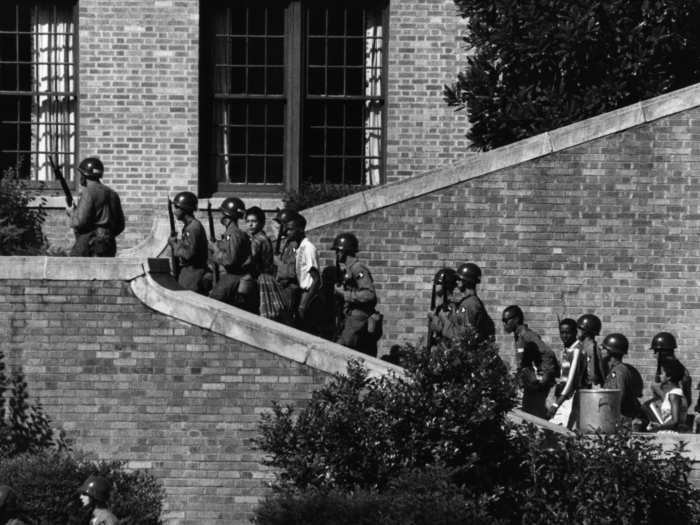 Schools were also battle grounds for fighting systemic racism. The "Little Rock Nine" were a group of nine black students who attempted to enter the racially segregated Little Rock Central High School in 1957. President Dwight. D. Eisenhower deployed federal troops to safely escort the students into the high school.