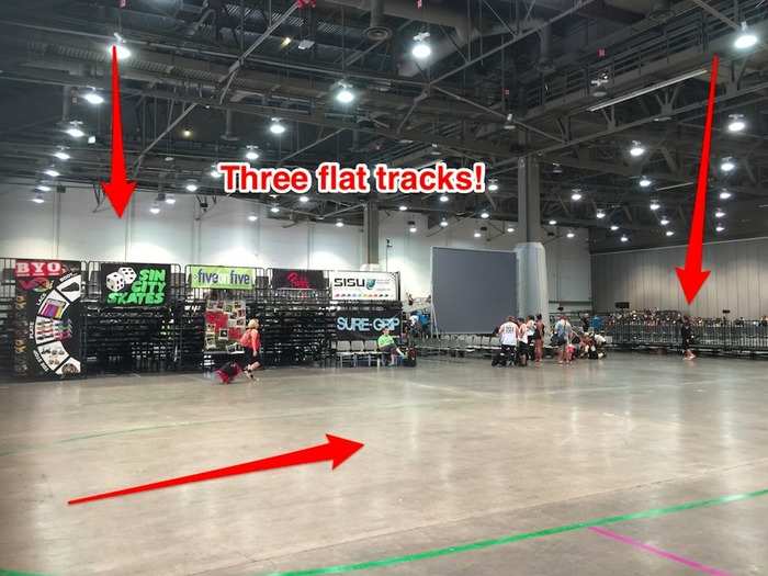 There are three full-sized flat tracks for challenges (one 30-minute, non-stop game), bouts (two 30-minute halves with a 10-minute break in the middle), and scrims (pick-up games). Look at that lovely polished concrete.