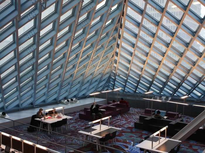 The Seattle Central Library in Seattle, Washington, has 11 stories composed of steel and glass, allowing for plenty of reading and studying room. The central library is a branch of the Seattle Public Library.