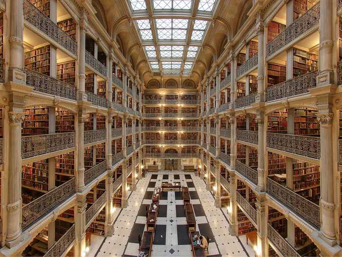 Thanks to philanthropist George Peabody, Johns Hopkins University in Baltimore, Maryland, has a gorgeous library complete with a skylight and five stories that look down onto the black and white tiled bottom floor where students can find a quiet table to study.