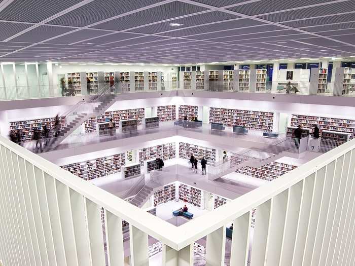 The Stuttgart City Library is nine floors of sheer white. The building is cube-shaped — it was modeled after the Pantheon — and the floors all wrap around an open center, making for a unique layout.