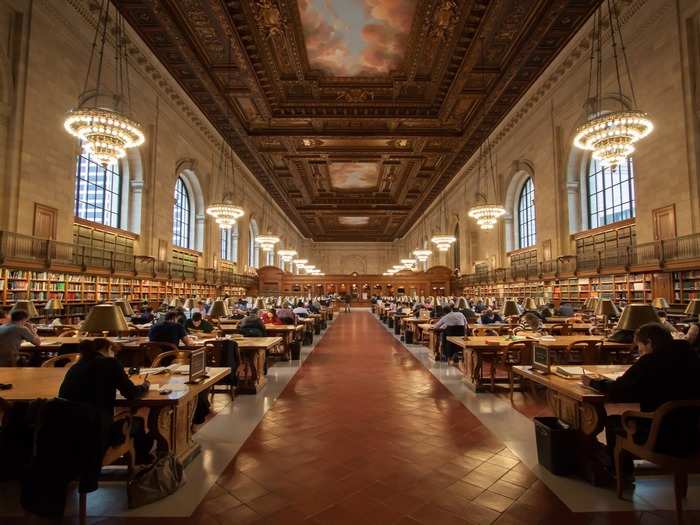 Stretching two entire city blocks and complete with 42 oak tables, the Rose Main Reading Room in the New York Public Library in New York City can accommodate vast numbers of readers. Now the third largest library in the world, the library — which is a Beaux Arts Landmark — was one of the largest marble structures in the US when it was first built.