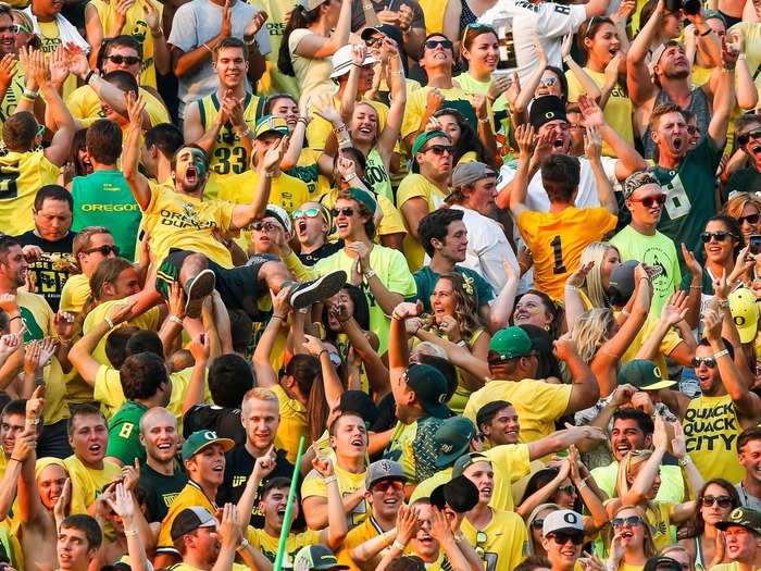 17. University of Oregon — The Ducks participate in the PAC 12 North Division and have long-standing rivalries with both Washington State and Oregon State. UO fans are loud and proud, and with good reason; the Ducks are this year