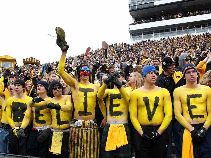 4. University of Iowa — Hawkeyes take Saturday game days seriously. According to one student, "There is just a sea of black and gold swarming toward the stadium. Nothing can really compare to 70,000 Hawkeye fans in one place.”