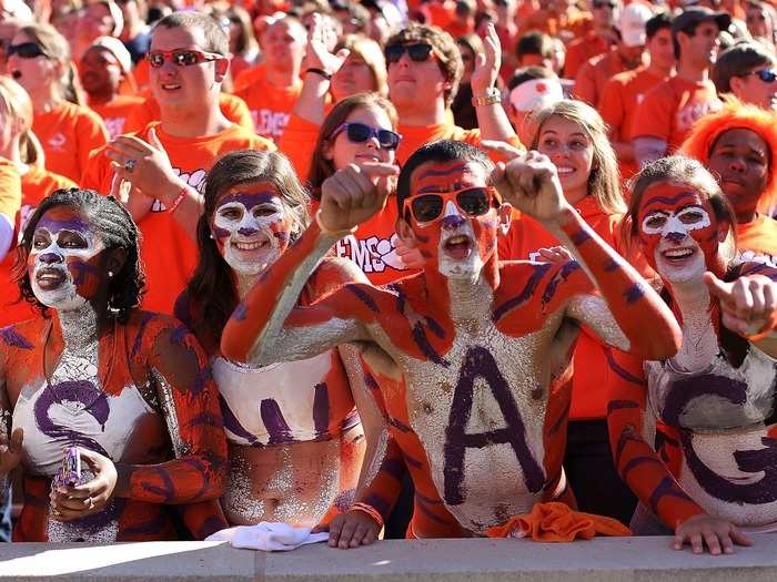 1. Clemson University — Students from all backgrounds are bonded by their "sheer love of Clemson." School spirit is a color at Clemson and you can see it on 80,000 fans on game day cheering on the Tigers at the school