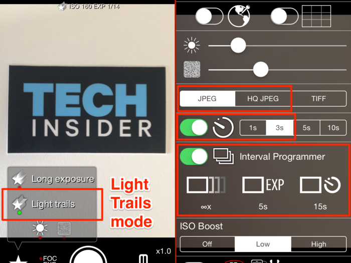 2. Activate "Light Trails" mode within the app.