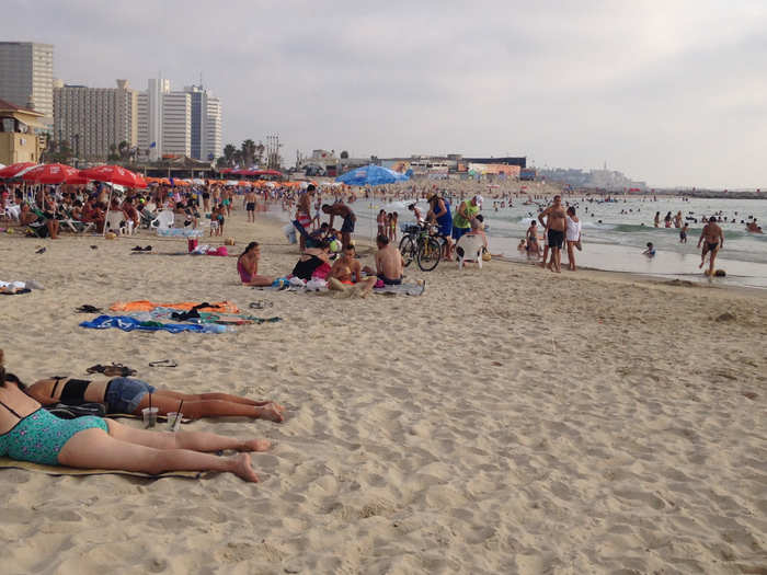 The Israeli sun is hot, hot, hot. But you can rent beach chairs and beach umbrellas for a few shekels for the day. A chair cost me 12 shekels or about $3.