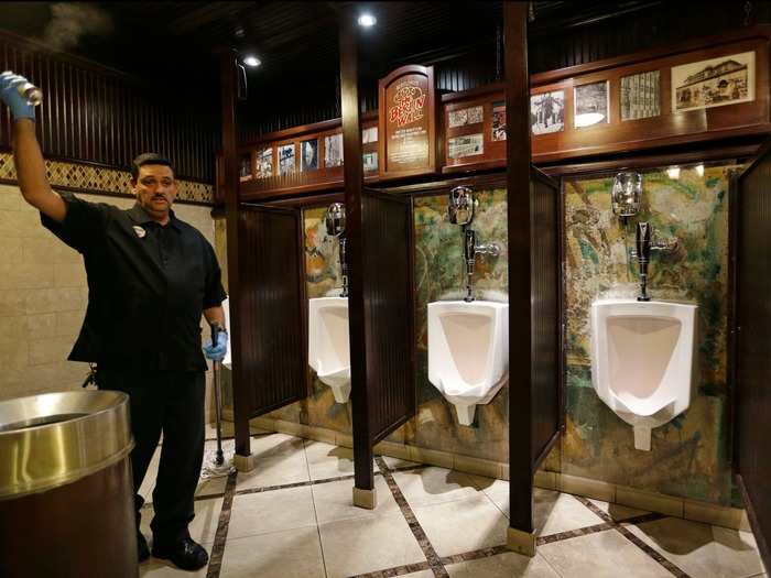 Oddly enough, a section of the Berlin Wall was installed into the men’s restroom of the Main Street station Casino, Brewery and Hotel, in Las Vegas, Nevada. The wall is protected by glass and can be observed by female visitors with the help of the area’s security guards.