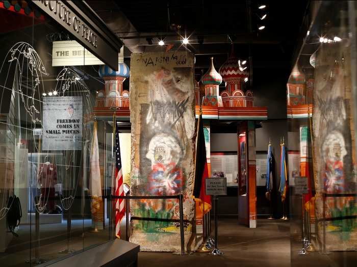 This 12-foot-tall portion of the Berlin Wall is on display at the Richard Nixon Presidential Library in Yorba Linda, California. It is covered with red, white, and blue graffiti on the side that faced democratic West Berlin while the side facing East Berlin remains unpainted.