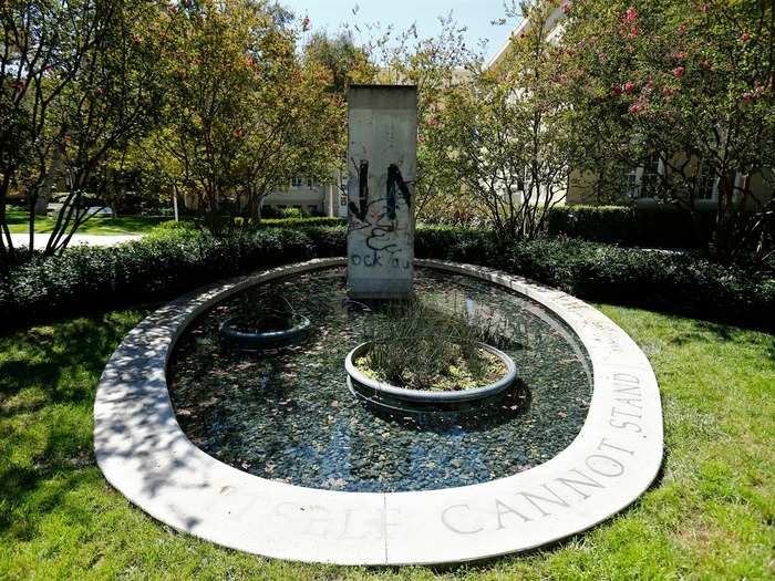 Chapman University, located in Orange, California, has one of the largest displays of the Berlin Wall on a university campus. The section of the wall is surrounded by an Abraham Lincoln quote which says, “A house divided against itself cannot stand.”