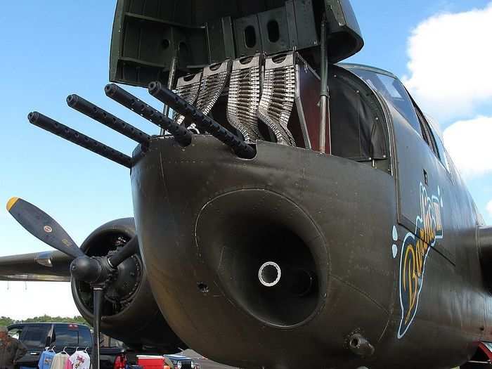 Shown here is the beastly forward firing power of the B-25. This model has four 50-caliber Browning machine guns above a 75-millimeter cannon.