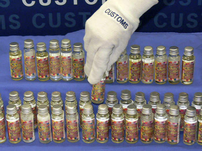 These 150 bottles of "gay lube oil" were filled with illegal liquid steroids.