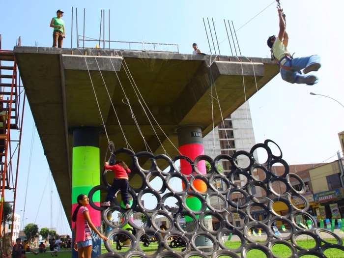 In fact, almost all of the playground is built using recycled materials, including car parts and tires.