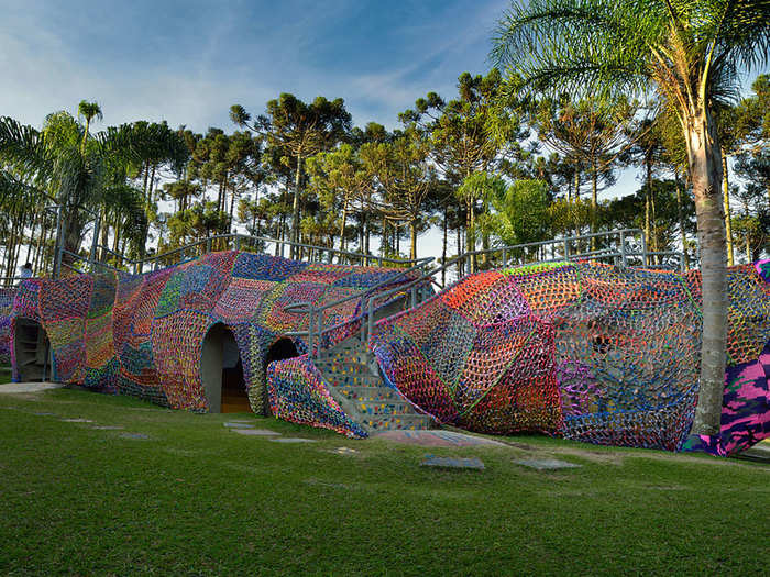 In 2012, Poland-born, Brooklyn-based artist Olek created this crocheted alligator installation on a São Paulo, Brazil, playground designed by Brazilian architect Márcia Maria Benevento.