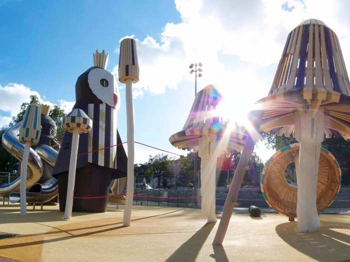 The Danish studio MONSTRUM is known for its creative playground designs. Pictured here is the Kristineberg Slottspark in Stockholm, Sweden. The playground is made of owl sculptures — two of which are the 18 foot high owl king and queen — and playful wooden figures.