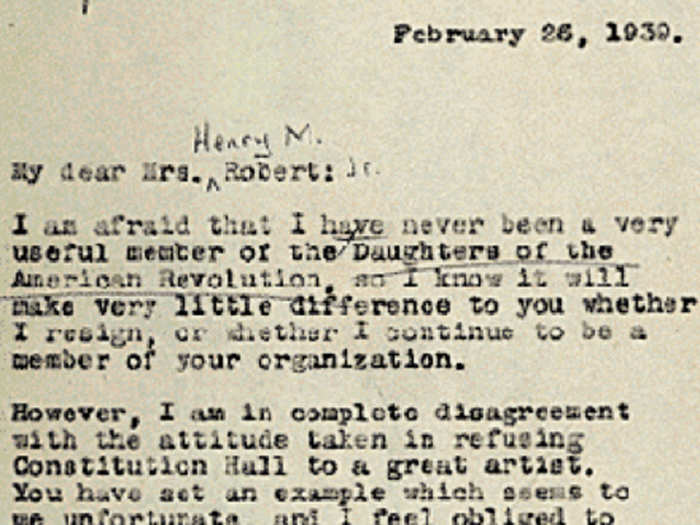Eleanor Roosevelt resigned from the Daughters of the American Revolution (DAR) when it denied singer Marian Anderson, an African-American, from performing at its Constitution Hall in Washington, D.C.