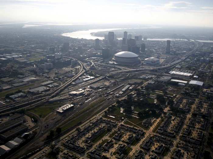 At its worst, about 80% of New Orleans, seen here from an aerial view, was submerged in water that had breached the levees.