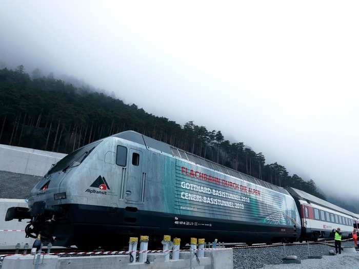 Specially decorated locomotives were on hand to show off the newly completed tunnel for members of the press.