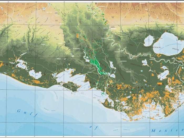 Sea levels are rising faster in Louisiana than almost anywhere else due to rapid sinking of marshy coastal land (orange shows land that disappeared between 1937 and 2000).