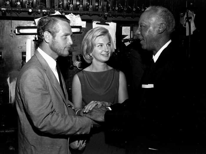 Celebrities also played a crucial role in financing the March on Washington. A. Philip Randolph, right, the director of the March on Washington, shakes hands with actor Paul Newman at a benefit performance at Harlem