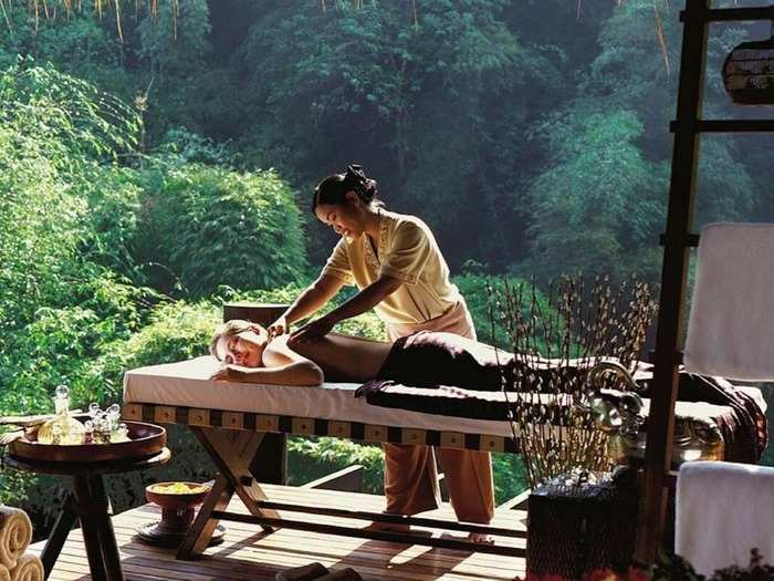 Although part of a hotel, the spa at the Four Seasons Tented Camp Golden Triangle in Chiang Rai, Thailand, allows guests to be surrounded by nature. The body, face, and hand and foot treatments take place right in the middle of the region