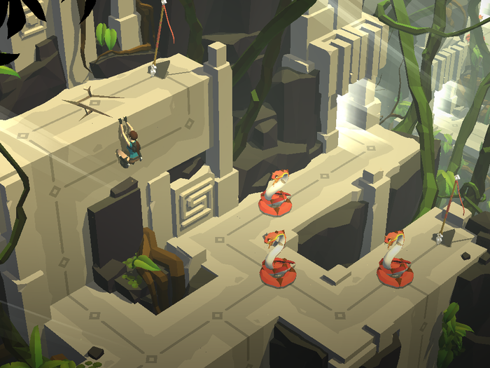 Those are places you can move Lara, one step at a time. "Lara Croft GO" is a game about slowly, methodically overcoming challenges and reaching the end of areas. Proceed from point A to point B without getting killed in the process. Here