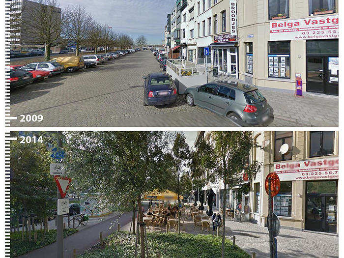 The makeovers vary in scale. A side street in Antwerp, Belgium, is nearly unrecognizable after an outdoor eating area and greenery are added.