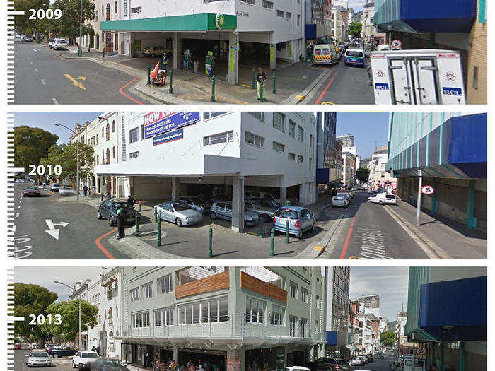 A gas station becomes a parking lot, then a restaurant, in Cape Town, South Africa.