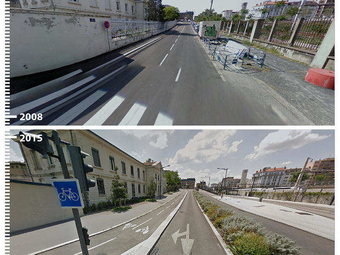 Shrubs brighten up a quiet street in Lyon, France.