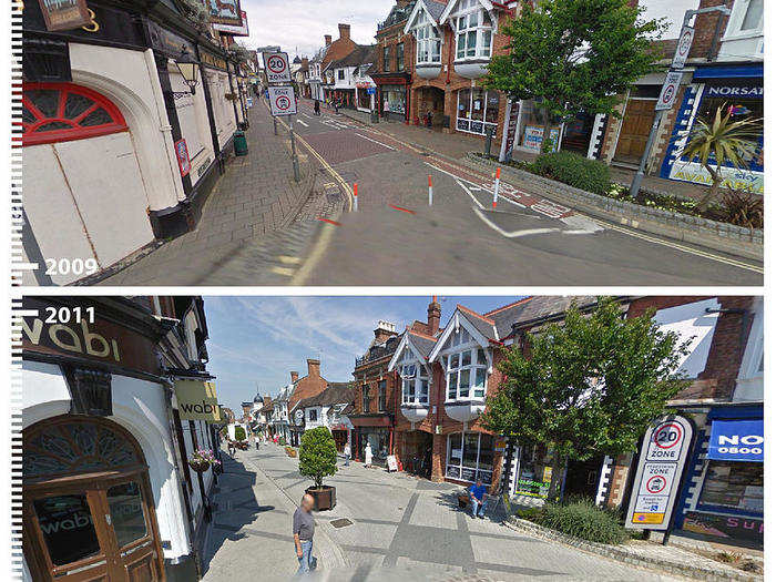 Horsham, an English market town, looks like a postcard with its patterned pavement.