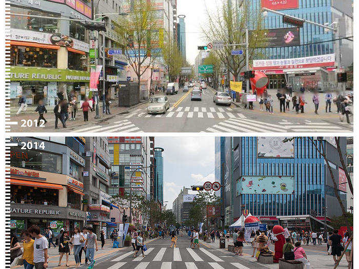 A widened, simplified cross walk makes navigating Seoul