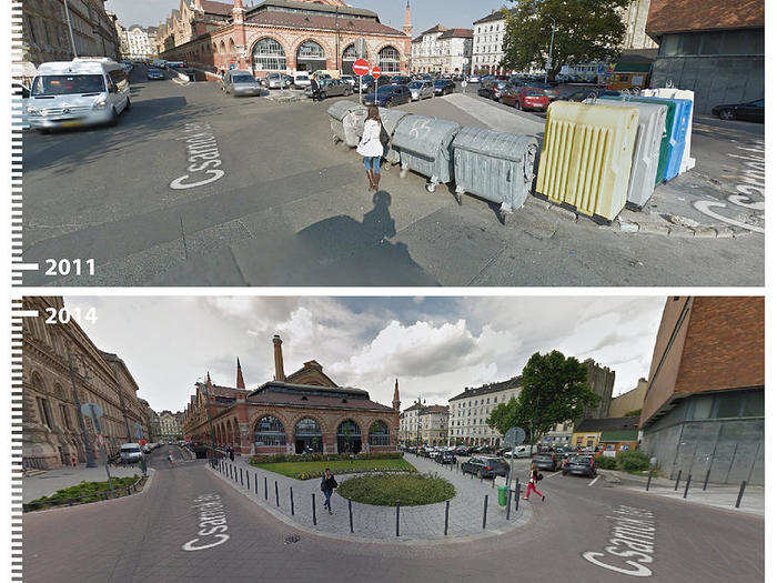 In Budapest, Hungary, a well-manicured curb looks (and smells) far more pleasant than a bunch of trash cans.